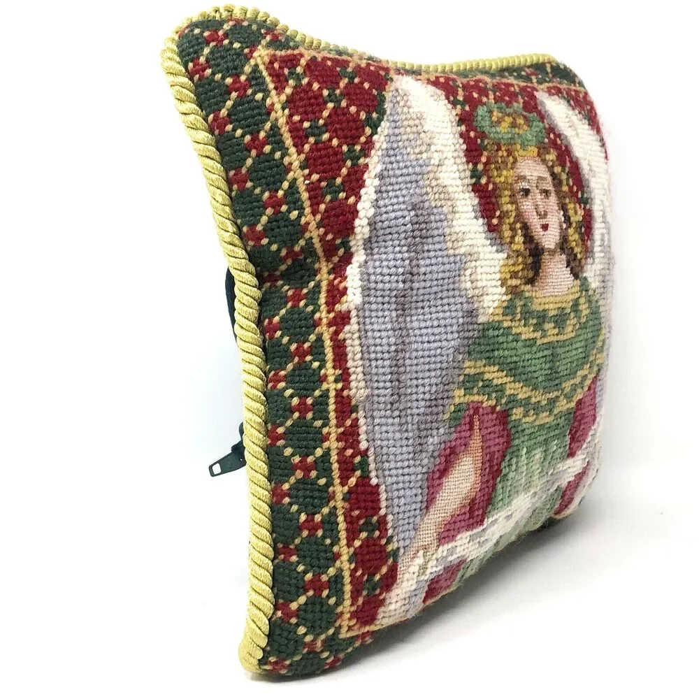 Vintage Victorian Angel Handmade Wool Needlepoint Pillow 9” Green Velvet Back